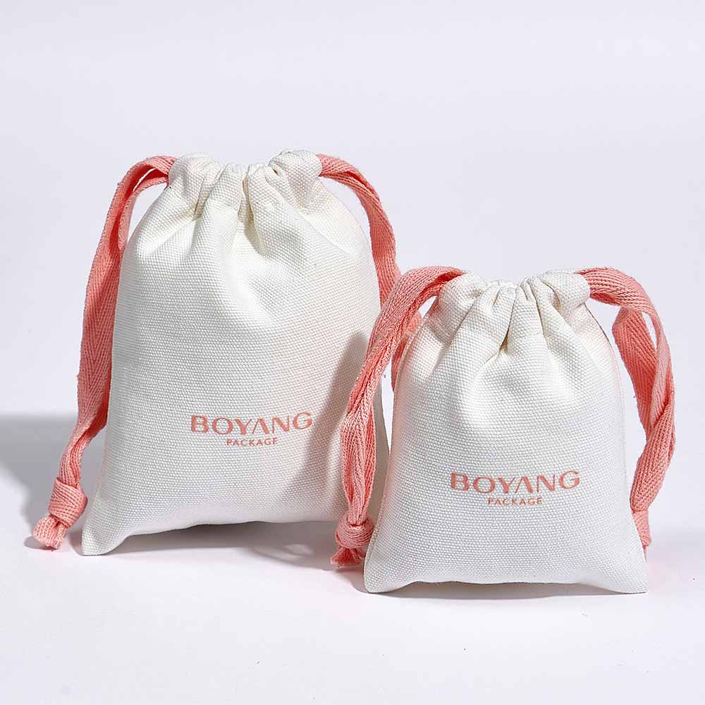 Eco friendly custom small drawstring canvas cotton jewelry bags with logo