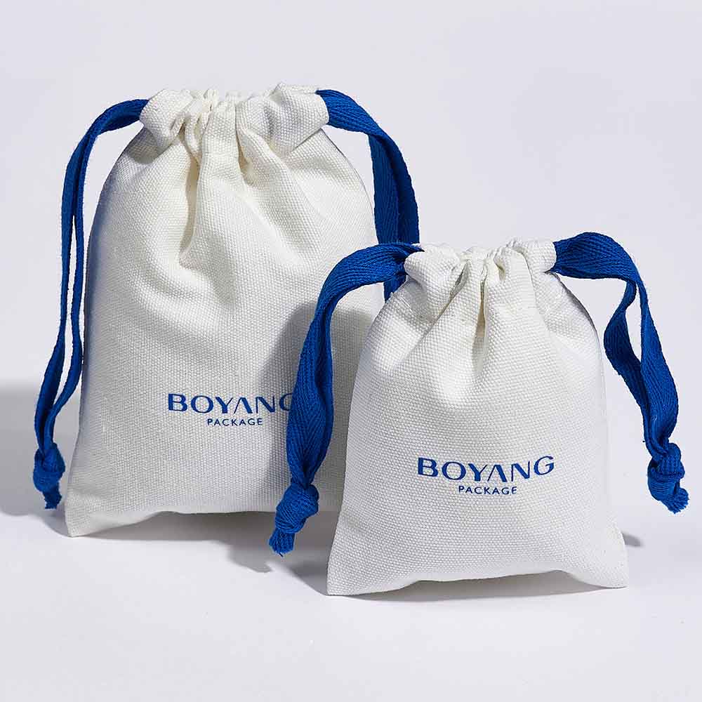 Eco friendly custom small drawstring canvas cotton jewelry bags with logo