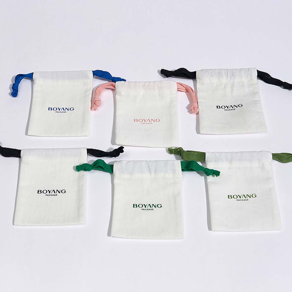 Eco friendly custom small drawstring canvas cotton jewelry bags with logo