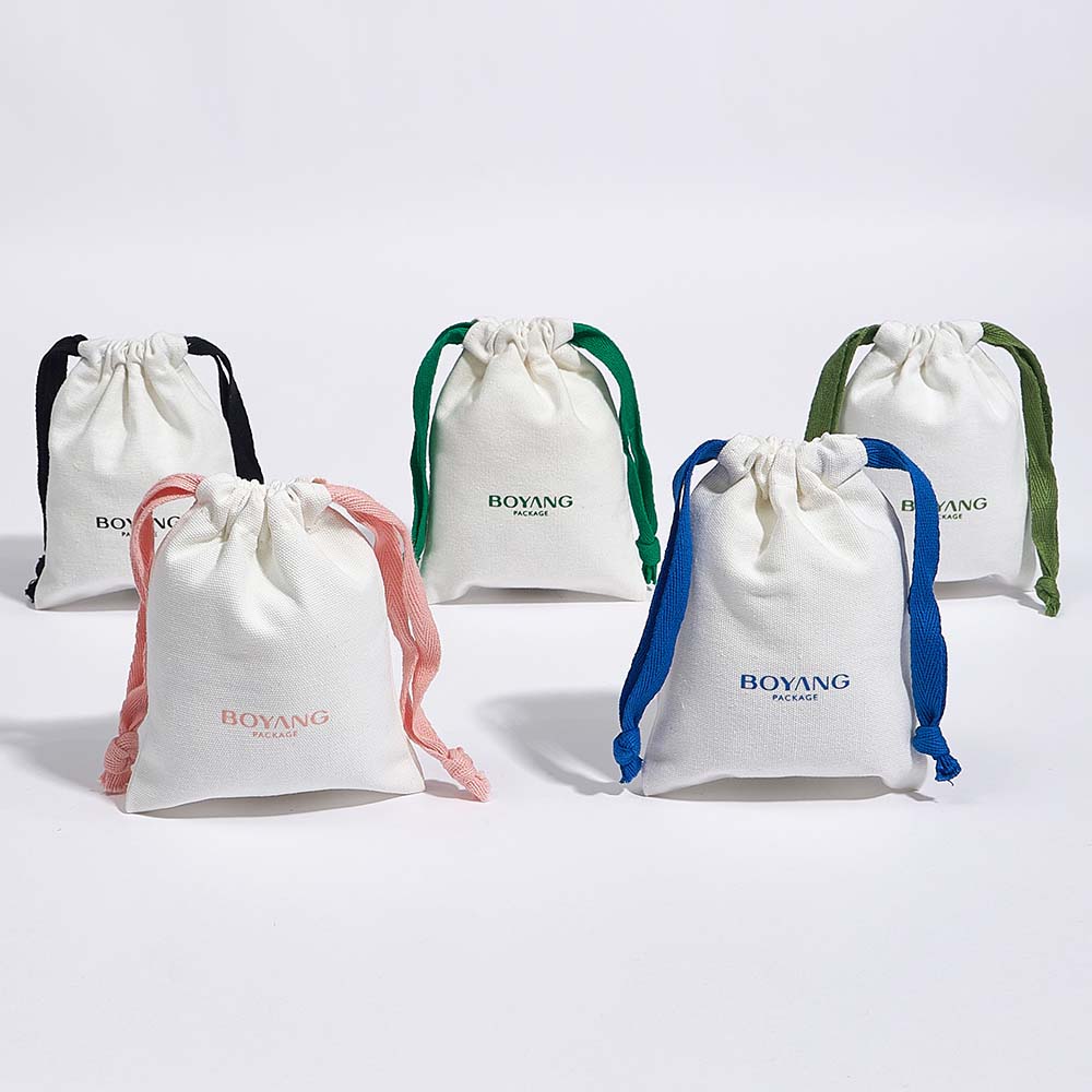 Eco friendly custom small drawstring canvas cotton jewelry bags with logo