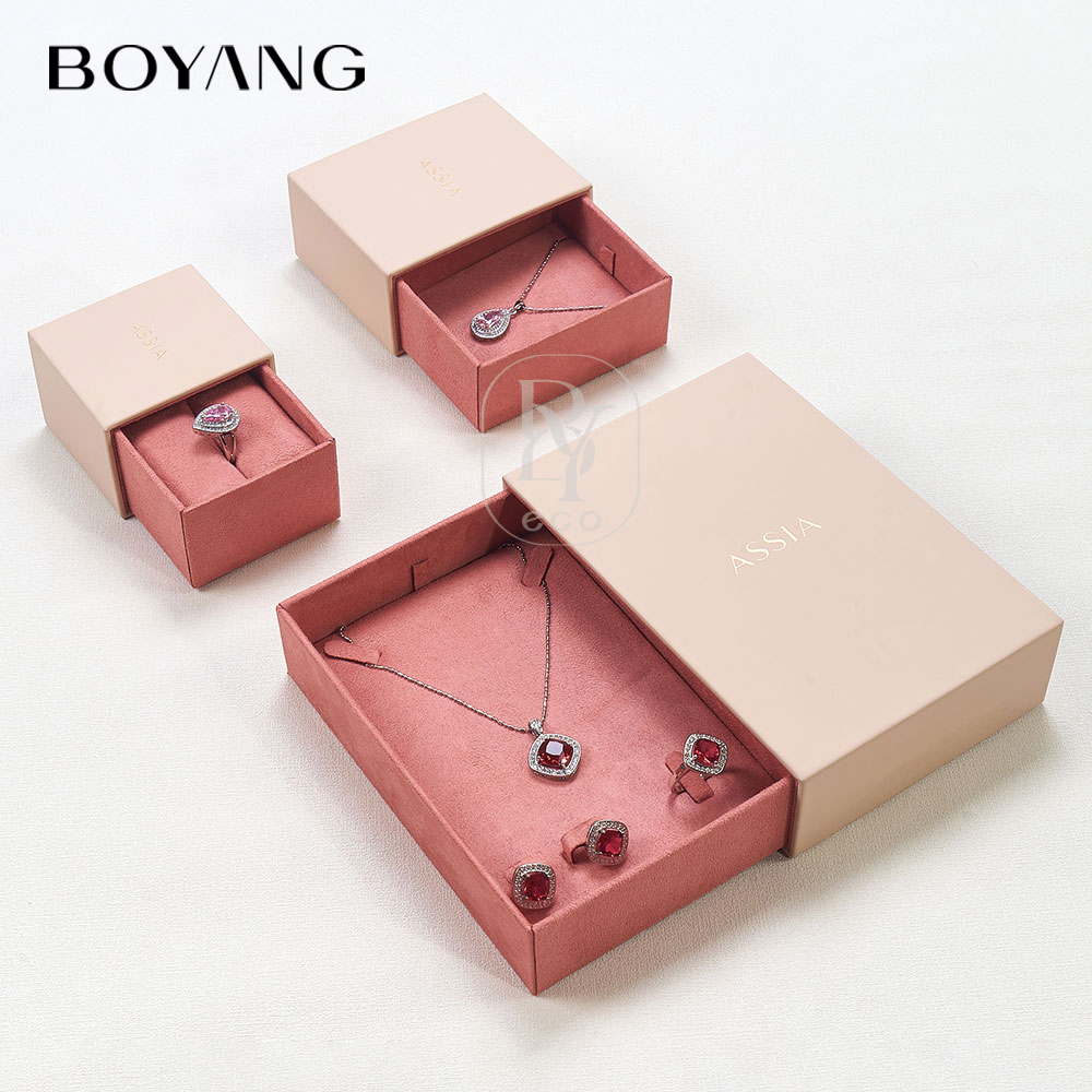 Boyang Custom Luxury Leather Sliding Drawer Pink Jewelry Box