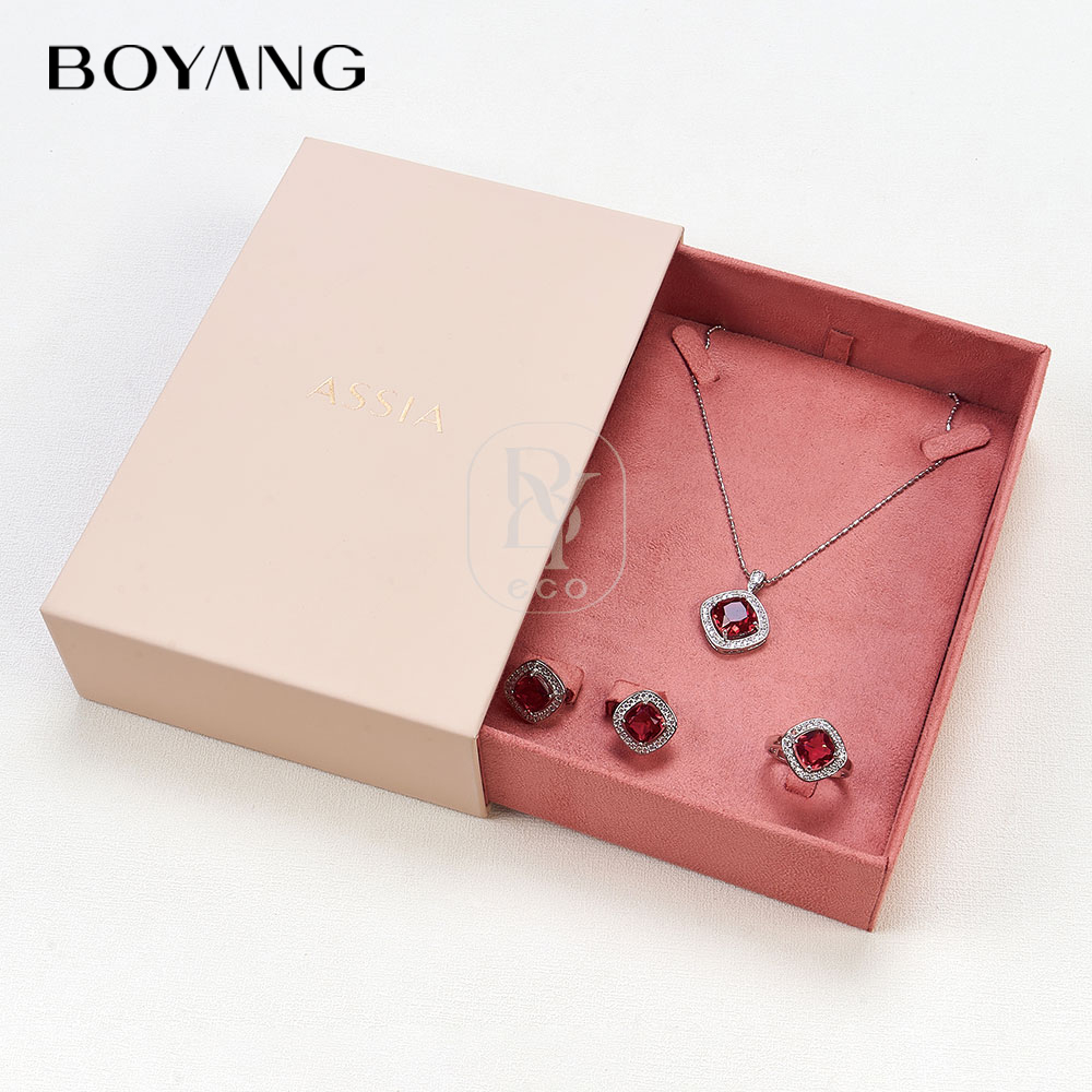 Boyang Custom Luxury Leather Sliding Drawer Pink Jewelry Box