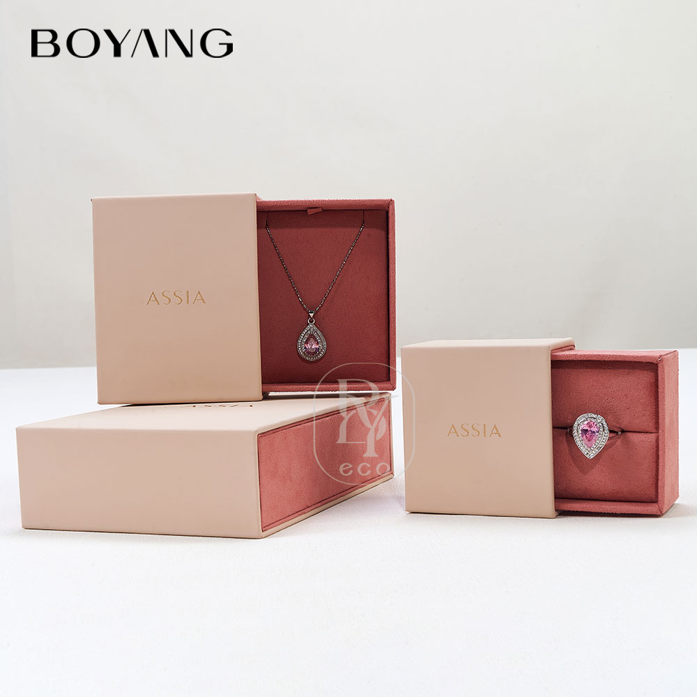 Boyang Custom Luxury Leather Sliding Drawer Pink Jewelry Box