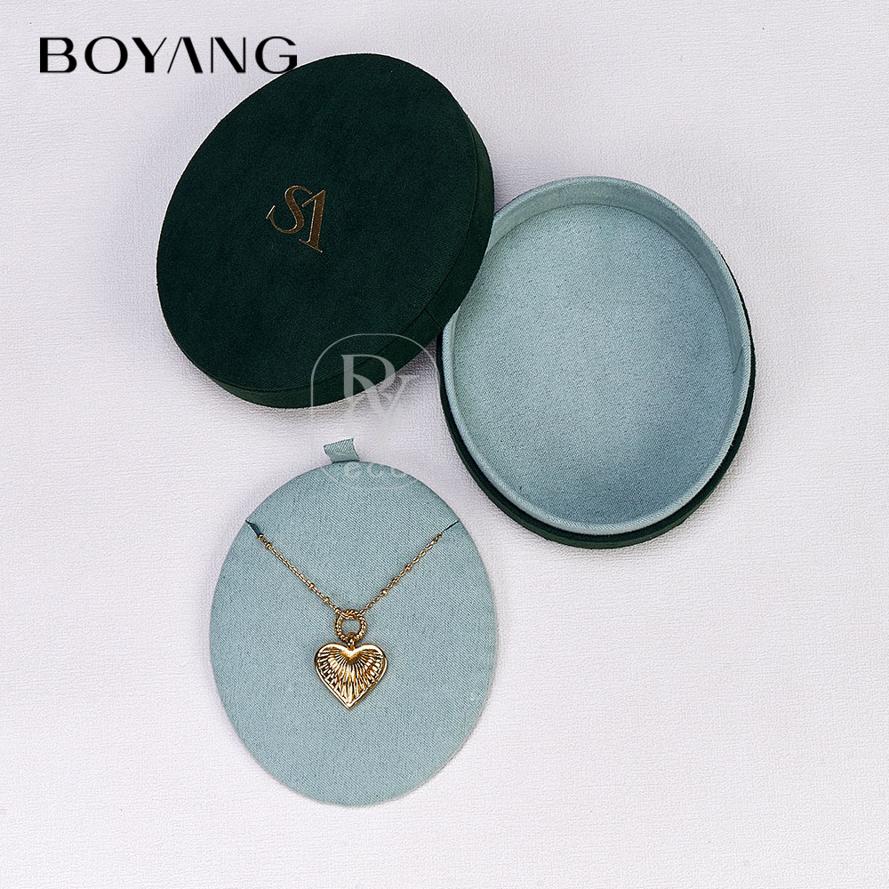 Boyang Custom Luxury Green Oval Earring Necklace Packaging Velvet Jewelry Box