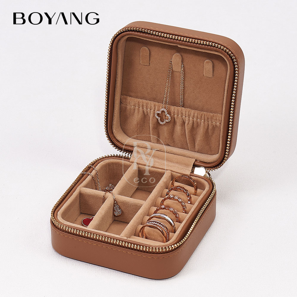 Boyang Custom Portable Luxury PU Leather Travelling Jewelry Organizer Box