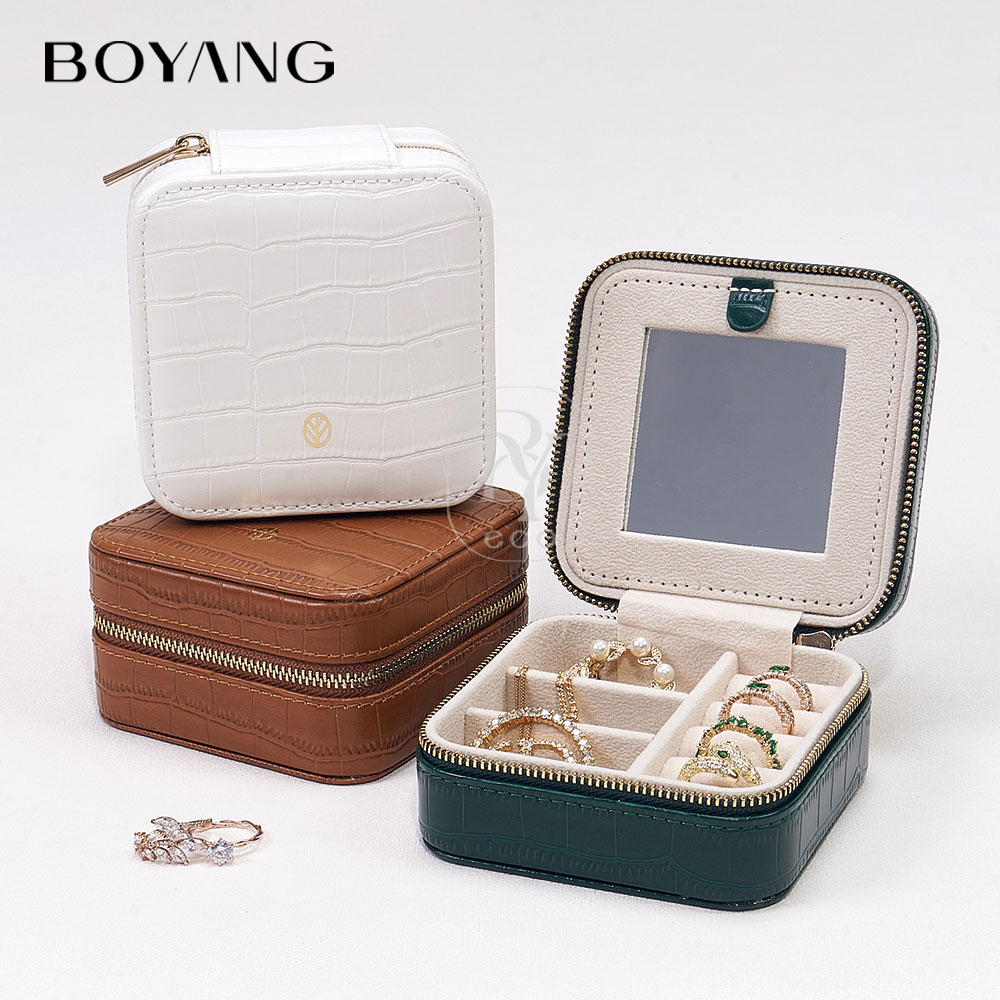 Boyang Custom PU Leather Travel Zipper Jewelry Storage Box Organizer