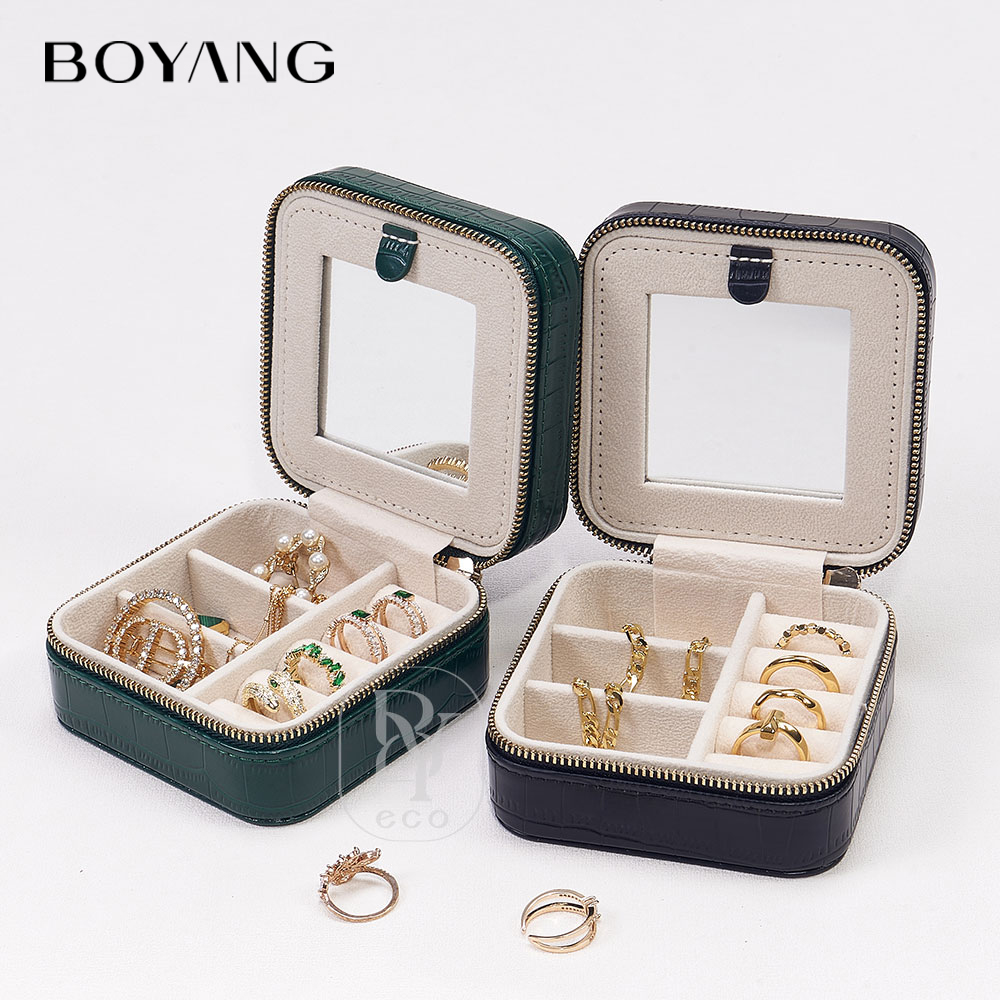 Boyang Custom PU Leather Travel Zipper Jewelry Storage Box Organizer