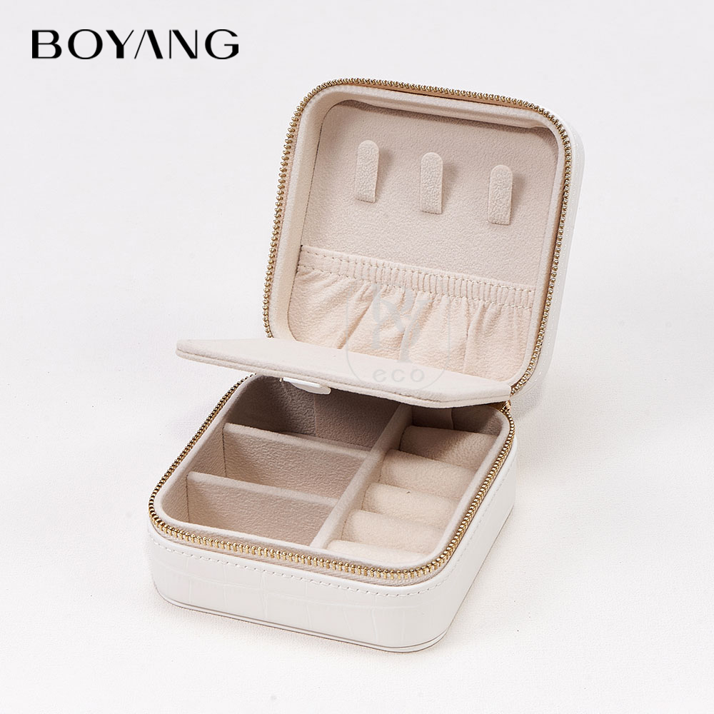 Boyang Custom PU Leather Travel Zipper Jewelry Storage Box Organizer