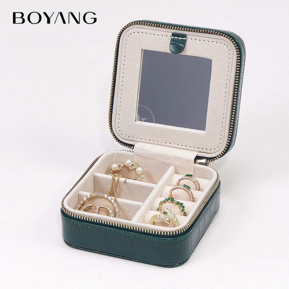 Boyang Custom PU Leather Travel Zipper Jewelry Storage Box Organizer