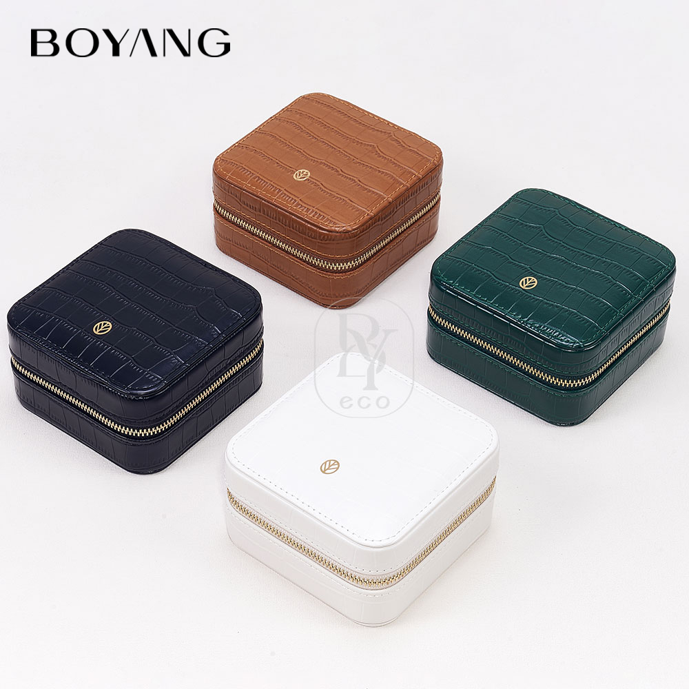 Boyang Custom PU Leather Travel Zipper Jewelry Storage Box Organizer
