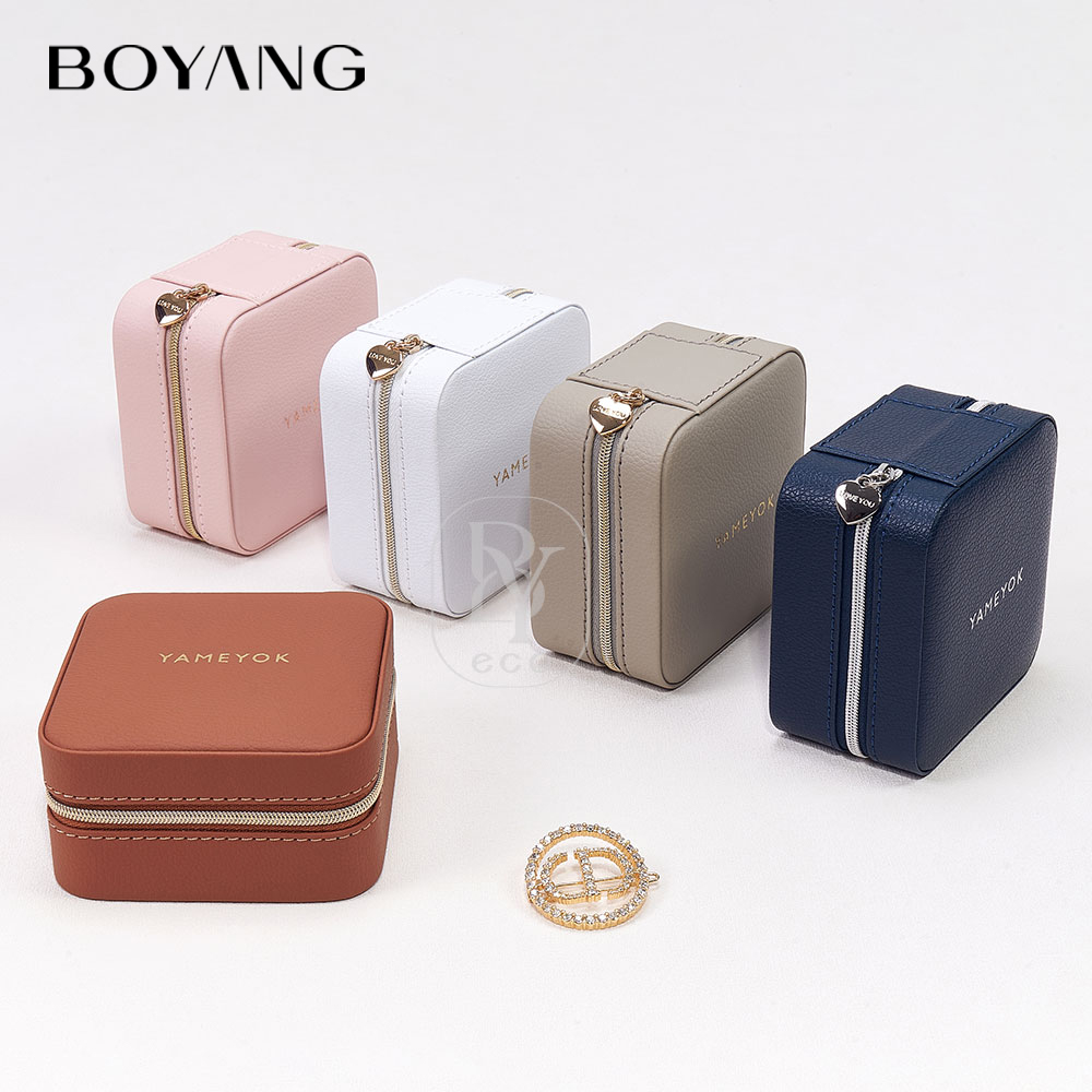 Boyang Custom Logo Zipper PU Leather Portable Jewelry Box Organizer