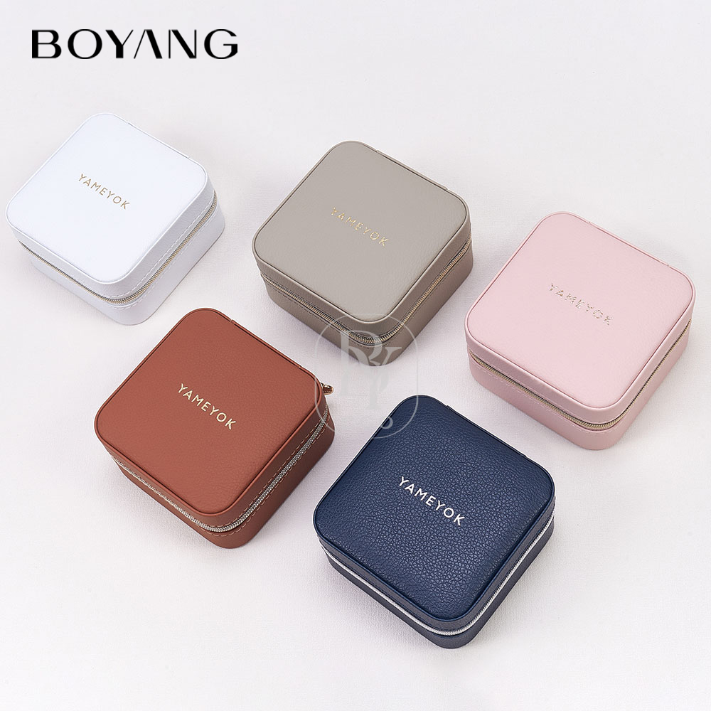Boyang Custom Logo Zipper PU Leather Portable Jewelry Box Organizer
