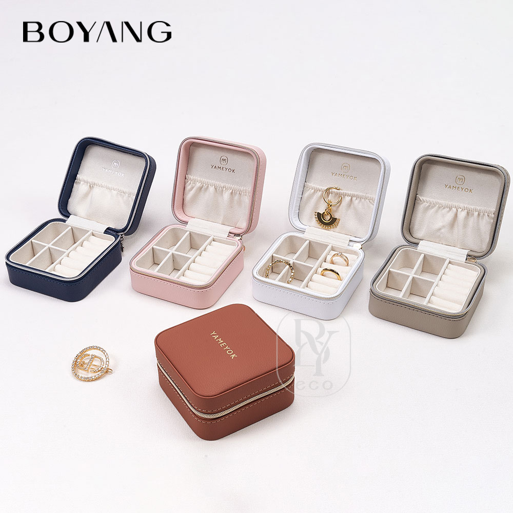 Boyang Custom Logo Zipper PU Leather Portable Jewelry Box Organizer