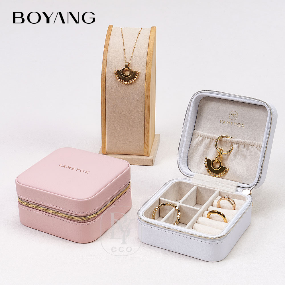 Boyang Custom Logo Zipper PU Leather Portable Jewelry Box Organizer
