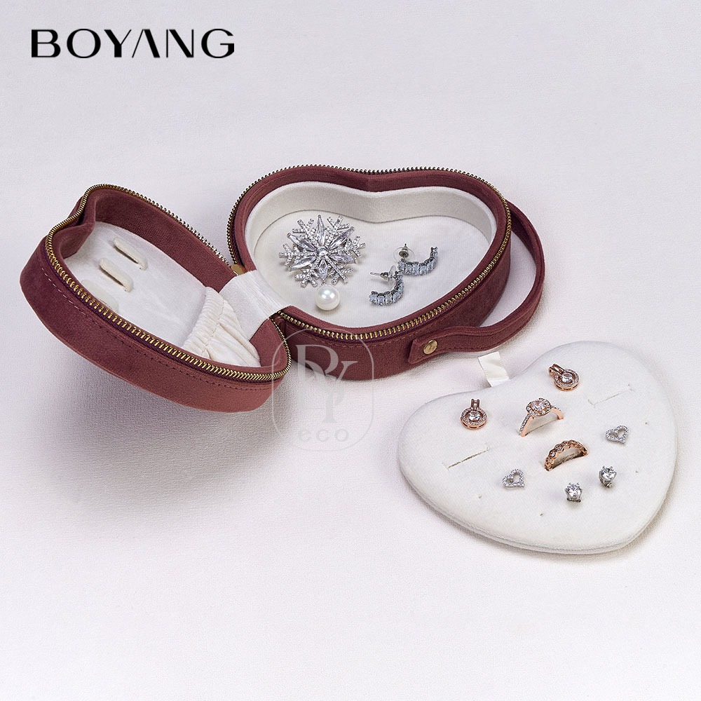 Boyang Custom Logo Printed Velvet Necklace Earring Ring Storage Heart Shaped Jewelry Travel Box Organizer