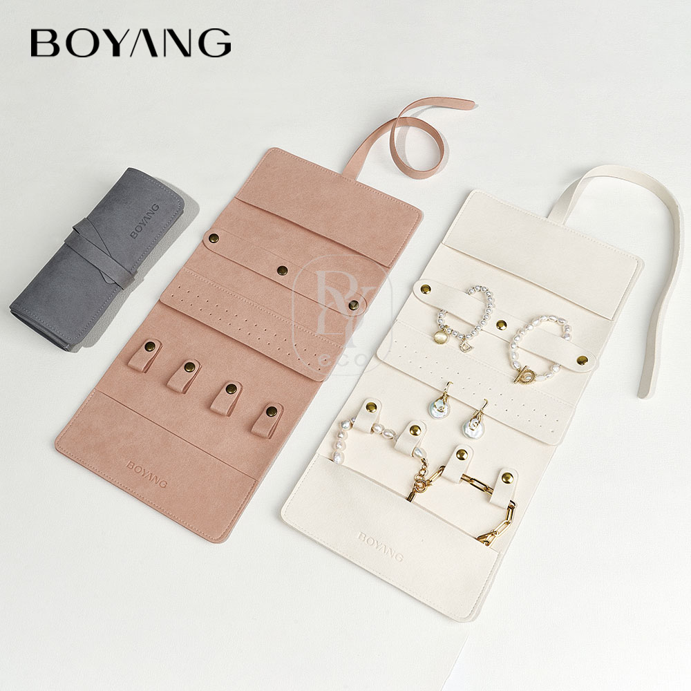 Boyang Custom Logo Luxury Microfiber Travel Jewelry Organizer Case Roll Foldable Portable Jewelry Storage Pouch